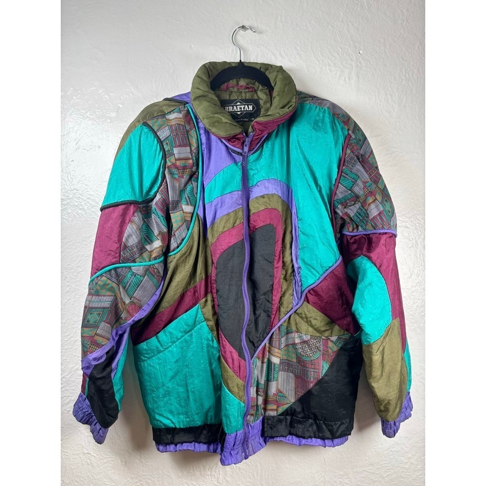 Braetan Vintage Puffer Jacket Multicolor Medium Colorblock 80s 90s Retro Hip Hop